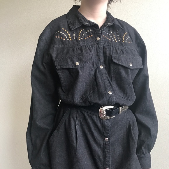 Vtg 80s Dress Denim Jeans Dark Grey - Picture 7 of 8